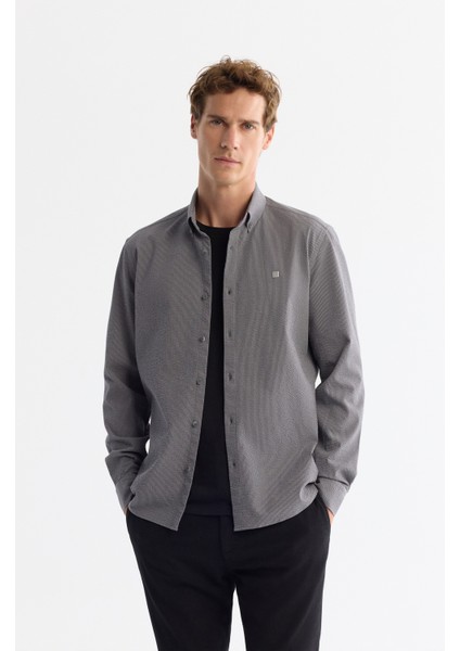 Erkek Gri Düğmeli Yaka Kolay Ütülenir Çizgili Slim Fit Gömlek A42Y2098