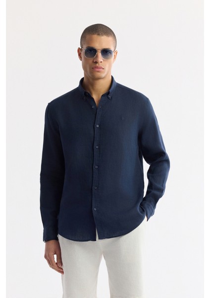 Erkek Lacivert Düğmeli Yaka %100 Keten Comfort Fit Gömlek B002191