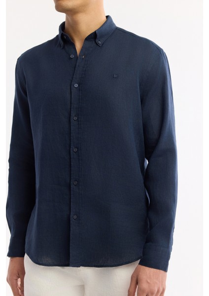 Erkek Lacivert Düğmeli Yaka %100 Keten Comfort Fit Gömlek B002191 fiyatları