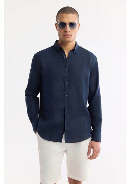 Erkek Lacivert Düğmeli Yaka %100 Keten Comfort Fit Gömlek B002191 indirimleri
