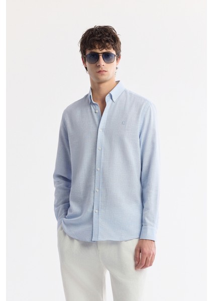 Erkek Açık Mavi Düğmeli Yaka Kolay Ütülenir Pamuklu Regular Fit Gömlek A51Y2130