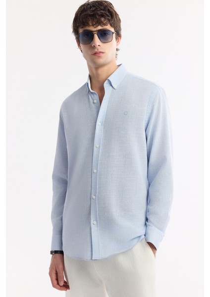 Erkek Açık Mavi Düğmeli Yaka Kolay Ütülenir Pamuklu Regular Fit Gömlek A51Y2130