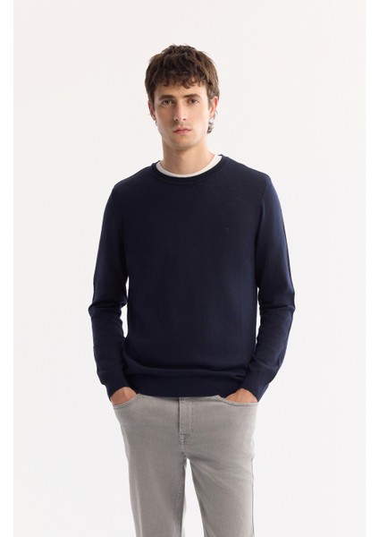 Erkek Lacivert Bisiklet Yaka Yün Karışımlı Triko Regular Fit Kazak B005013
