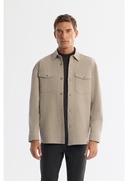 Erkek Bej Klasik Yaka Diyagonel Jersey Comfort Fit Gömlek Ceket A42Y2015