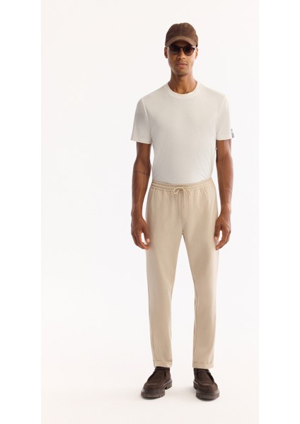 Erkek Bej Beli Lastikli Bağcıklı Duble Paça Jogger Relaxed Fit Pantolon E003000