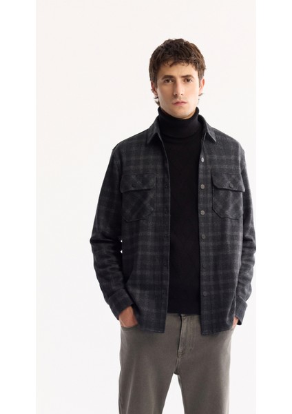 Erkek Antrasit Klasik Yaka Soft Touch Kolay Ütülenen Ekoseli Comfort Fit Gömlek Ceket A52Y2110