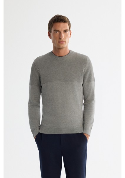 Erkek Gri Bisiklet Çift Yaka Dokulu Pamuklu Triko Regular Fit Kazak A42Y5190