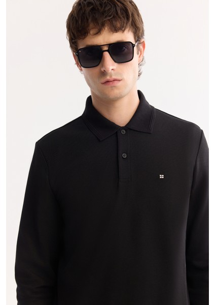 Erkek Siyah Polo Yaka Pamuklu Basic Slim Fit Sweatshirt B001080 indirimleri