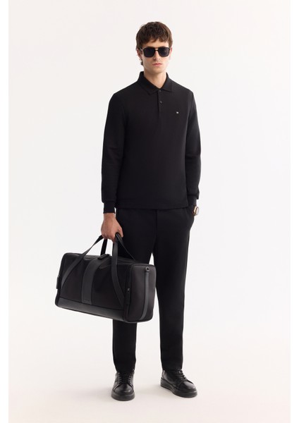 Erkek Siyah Polo Yaka Pamuklu Basic Slim Fit Sweatshirt B001080