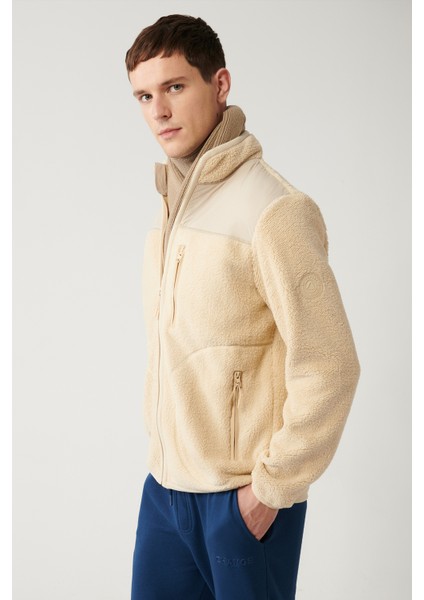Erkek Krem Dik Yaka Tam Fermuarlı Hırka Peluş A32Y1381