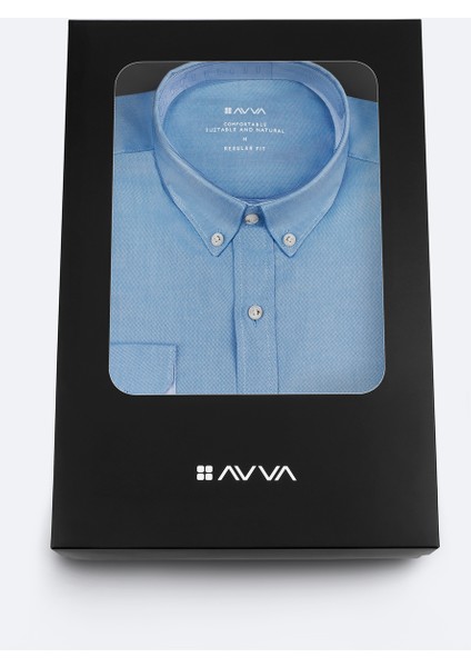 Erkek Mavi Düğmeli Yaka Hediye Kutulu %100 Pamuk Basic Regular Fit Gömlek B002034