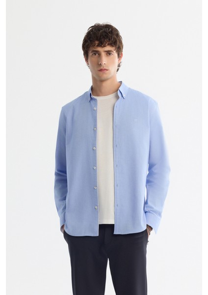 Erkek Mavi Düğmeli Yaka Hediye Kutulu %100 Pamuk Basic Regular Fit Gömlek B002034 modelleri