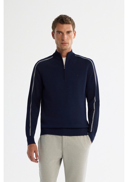 Erkek Lacivert Fermuarlı Dik Yaka Rayon Triko Regular Fit Kazak A42Y5005