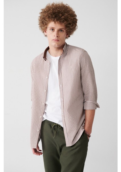 Erkek Kahve Seersucker Çizgili Gömlek A31Y2084