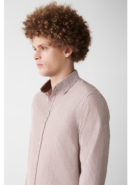 Erkek Kahve Seersucker Çizgili Gömlek A31Y2084 fiyatları