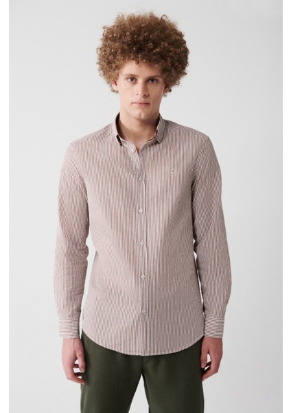 Erkek Kahve Seersucker Çizgili Gömlek A31Y2084 modelleri