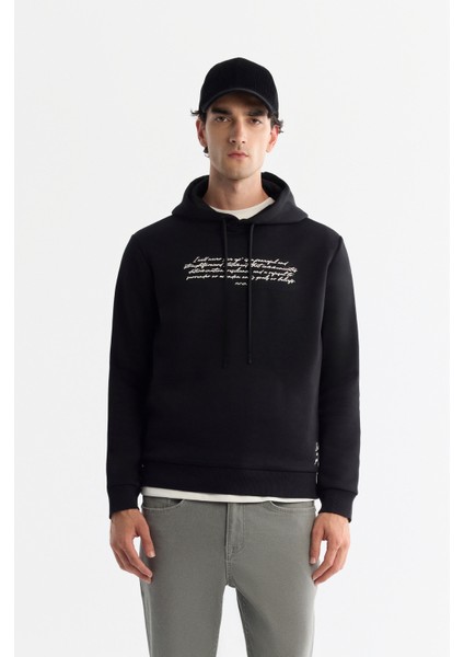 Erkek Siyah Kapüşonlu 3 İplik Şardonlu Baskılı Regular Fit Sweatshirt A42Y1303