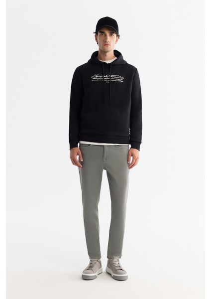 Erkek Siyah Kapüşonlu 3 İplik Şardonlu Baskılı Regular Fit Sweatshirt A42Y1303