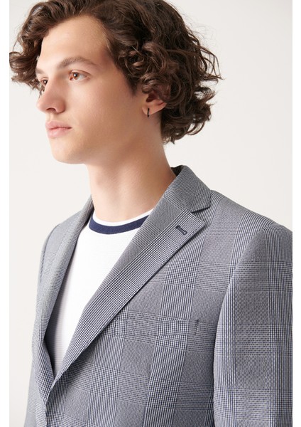 Erkek Lacivert Astarsız Ekose Çift Yırtmaçlı Ceket A31Y4015 modelleri