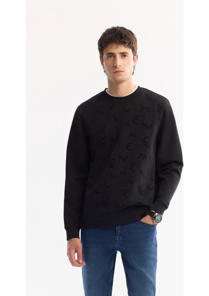 Erkek Siyah Bisiklet Yaka Pamuklu Bi-Stretch Baskılı Regular Fit Sweatshirt A52Y1208