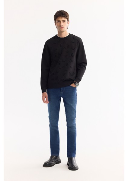 Erkek Siyah Bisiklet Yaka Pamuklu Bi-Stretch Baskılı Regular Fit Sweatshirt A52Y1208