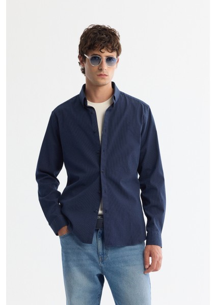 Erkek Lacivert Düğmeli Yaka Kolay Ütülenir Çizgili Slim Fit Gömlek A42Y2098