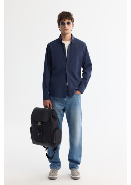 Erkek Lacivert Düğmeli Yaka Kolay Ütülenir Çizgili Slim Fit Gömlek A42Y2098 indirimleri