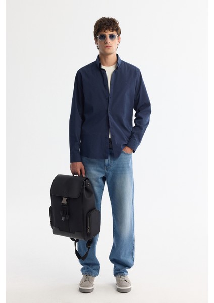 Erkek Lacivert Düğmeli Yaka Kolay Ütülenir Çizgili Slim Fit Gömlek A42Y2098