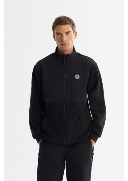 Erkek Siyah Soğuğa Dayanıklı Dik Yaka Fermuarlı Polar Regular Fit Sweatshirt A42Y1311