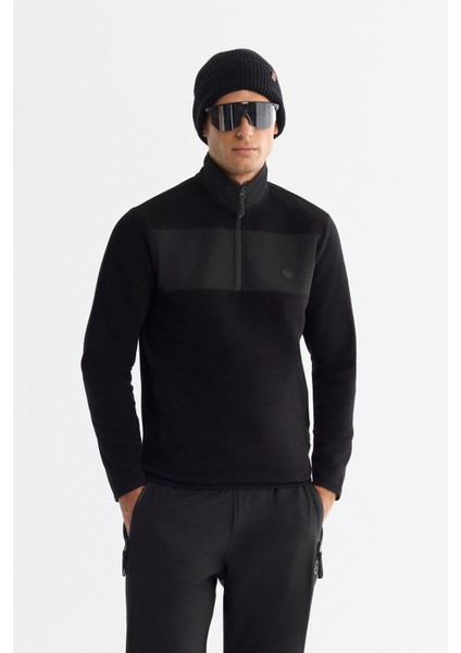 Erkek Siyah Soğuğa Dayanıklı Fermuarlı Dik Yaka Polar Regular Fit Sweatshirt A42Y1380
