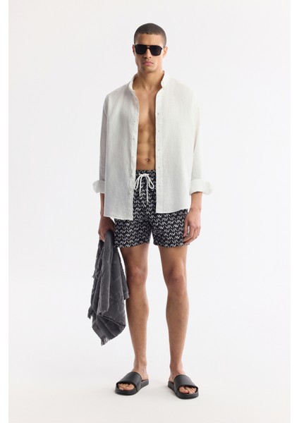 Erkek Siyah Hızlı Kuruyan Baskılı Çantalı Relaxed Fit Relaxed Fit Deniz Şortu A51Y3828