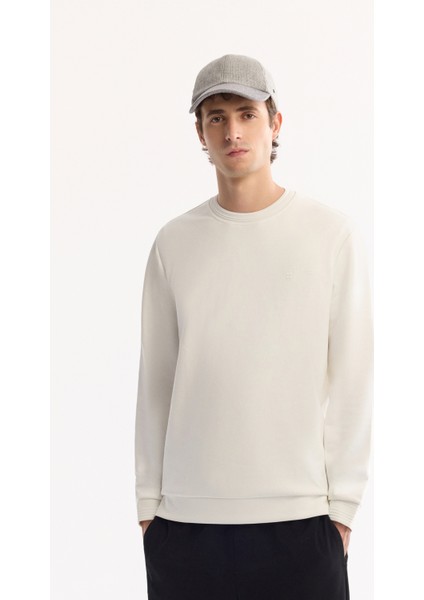 Erkek Ekru Bisiklet Yaka Pamuklu Bi-Stretch Regular Fit Sweatshirt A52Y1271