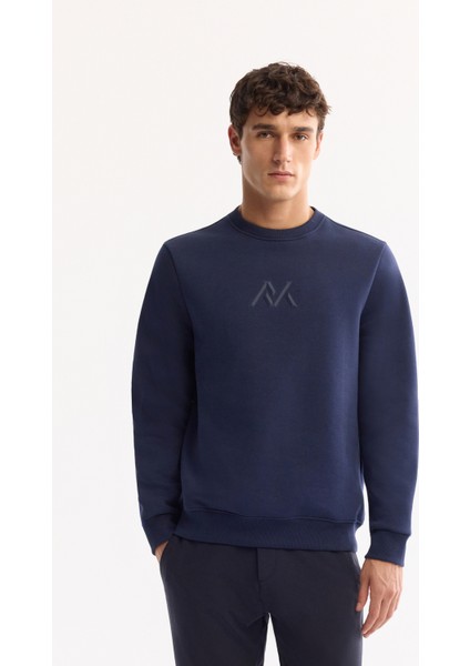 Erkek Lacivert Bisiklet Yaka Pamuklu Şardonlu Baskılı Regular Fit Sweatshirt A52Y1327