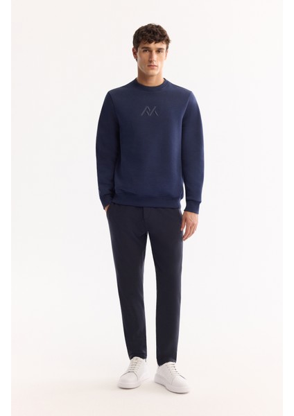 Erkek Lacivert Bisiklet Yaka Pamuklu Şardonlu Baskılı Regular Fit Sweatshirt A52Y1327