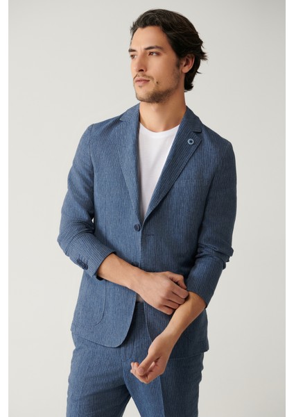 Erkek Mavi Astarsız Keten Karışımlı Comfort Slim Fit Takım Elbise Ceketi A41Y4060