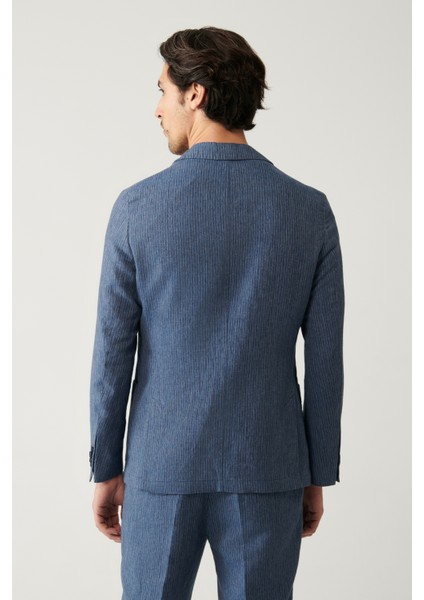 Erkek Mavi Astarsız Keten Karışımlı Comfort Slim Fit Takım Elbise Ceketi A41Y4060 fırsatları