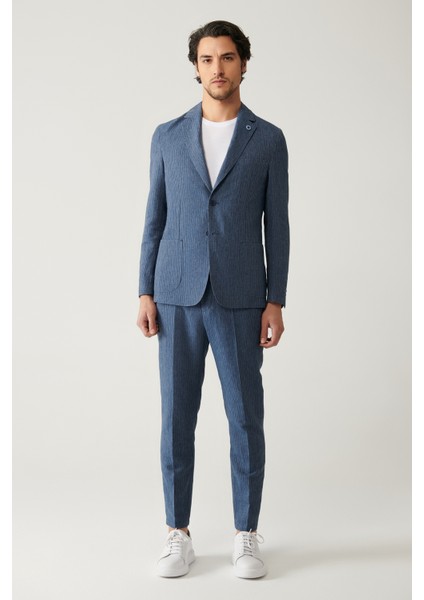 Erkek Mavi Astarsız Keten Karışımlı Comfort Slim Fit Takım Elbise Ceketi A41Y4060