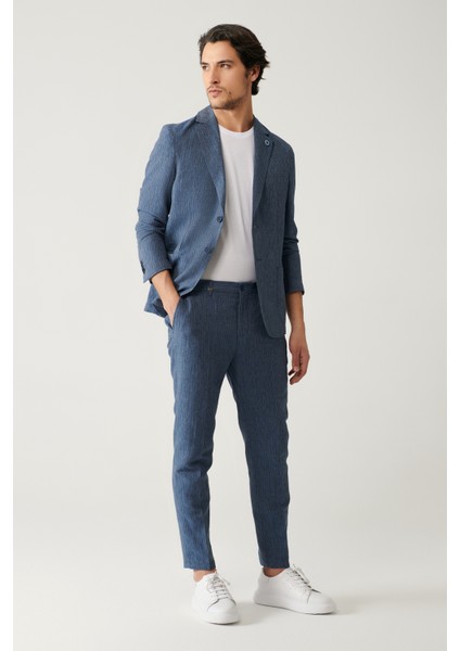 Erkek Mavi Yandan Cepli Keten Karışımlı Relaxed Fit Pantolon A41Y3260