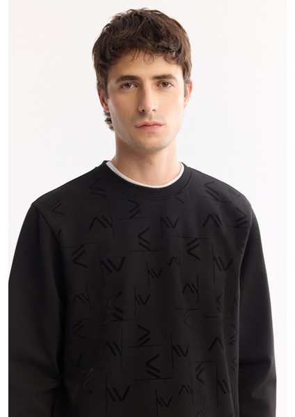 Erkek Siyah Bisiklet Yaka Pamuklu Bi-Stretch Baskılı Regular Fit Sweatshirt A52Y1208