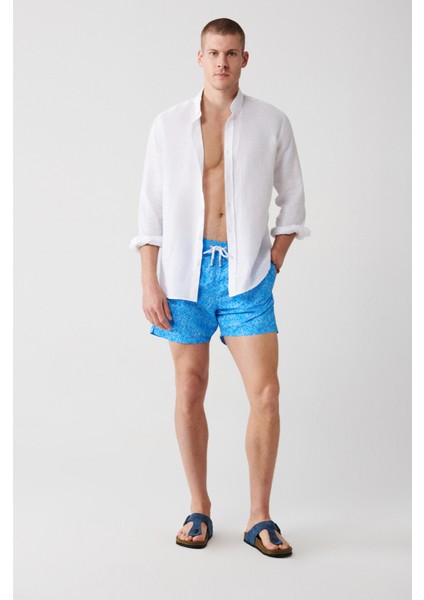 Erkek Mavi Çiçek Baskılı Deniz Şortu A31Y3809
