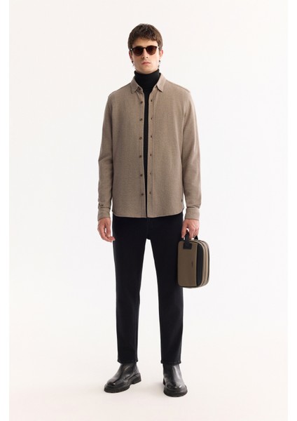 Erkek Vizon Düğmeli Yaka Pamuklu Dokulu Regular Fit Gömlek A52Y2070