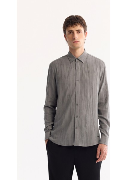 Erkek Gri Düğmeli Yaka Pamuklu Soft Touch Dokulu Regular Fit Gömlek A52Y2055