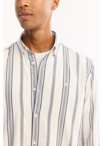 Erkek Lacivert Düğmeli Yaka Soft Touch Çizgili Comfort Fit Gömlek A52Y2057