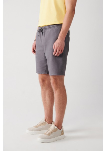 Erkek Antrasit %100 Pamuk Yandan Cepli Beli Lastikli Keten Dokulu Relaxed Fit Şort E003603 modelleri
