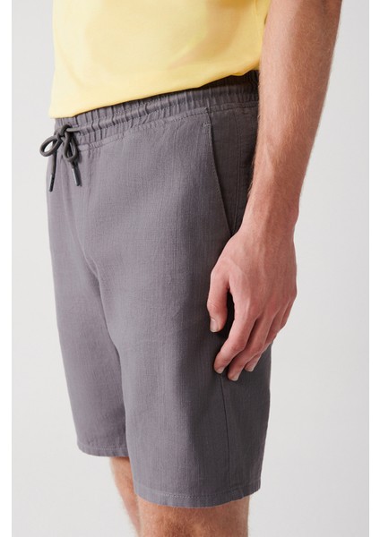 Erkek Antrasit %100 Pamuk Yandan Cepli Beli Lastikli Keten Dokulu Relaxed Fit Şort E003603
