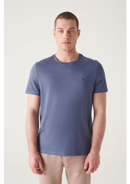 Erkek İndigo Bisiklet Yaka Soft Touch Basic Regular Fit T-Shirt B001171