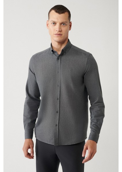 Erkek Antrasit Düğmeli Yaka %100 Pamuk Regular Fit Gömlek B002033