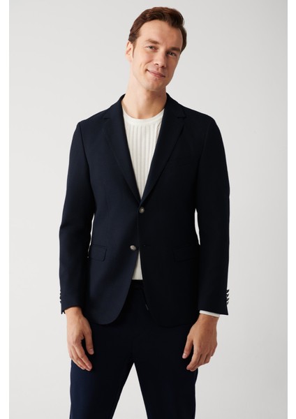 Erkek Lacivert Mono Yaka Kapaklı Cepli Astarlı Çift Yırtmaçlı Metal Düğmeli Blazer Ceket A32Y4029 modelleri