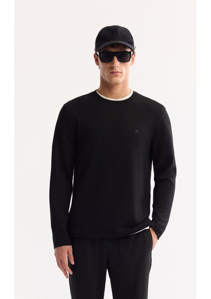 Erkek Siyah Bisiklet Yaka Viskon Karışımlı Bi-Stretch Basic Regular Fit Sweatshirt B001081