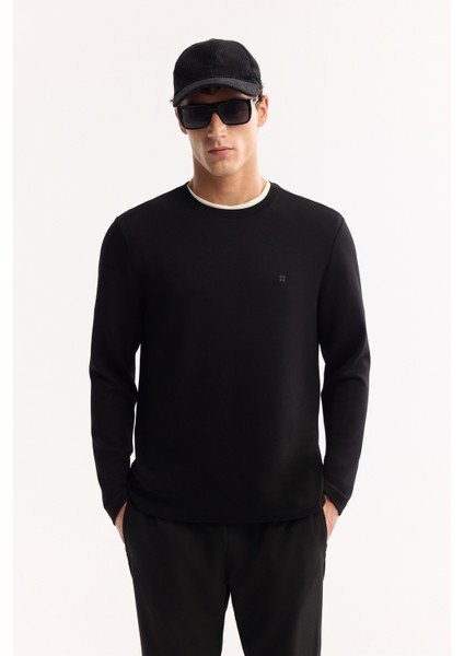 Erkek Siyah Bisiklet Yaka Viskon Karışımlı Bi-Stretch Basic Regular Fit Sweatshirt B001081 indirimleri